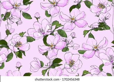 Seamless floral pattern with branches, outline flowers cherry,  blooming tree twigs sakura or apple blossom and green leaves on light pink background. Hand drawn. Watercolor style. Vector.