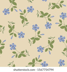 Seamless floral pattern with branches of periwinkle flower. Vinca minor. Folk style.