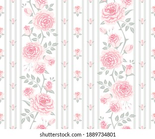 Seamless floral pattern with branches of pink roses. Vector vintage striped background for wallpaper, fabric, gift wrap, digital paper, fills, etc. Shabby chic style