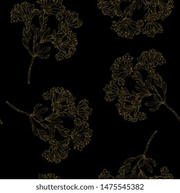 Seamless floral pattern with branches of plumbago capensis flowers. Hand drawn art. Linear gold silhouettes on back background.