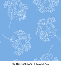 Seamless floral pattern with branches of plumbago capensis flowers. Linear white silhouettes on light blue background.