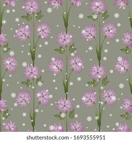 Seamless floral pattern with branches of ragged robin flower and snowflakes.