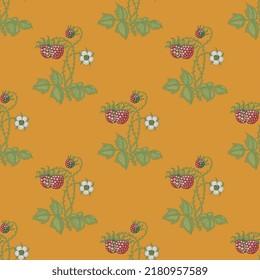 Seamless floral pattern with branches of raspberry plant with leaves flower and berries. On orange background.