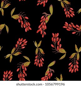 Seamless floral pattern with branches of red berries. Dogwood or barberry plant. (Cornus or Berberis). Flat folk vintage cartoon style.
