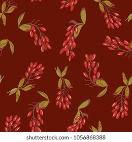 Seamless floral pattern with branches of red berries. Dogwood or barberry plant. (Cornus or Berberis). Flat folk vintage cartoon style.