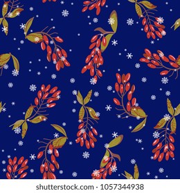 Seamless floral pattern with branches of red berries under snowflakes. Dogwood or barberry plant. (Cornus or Berberis). 