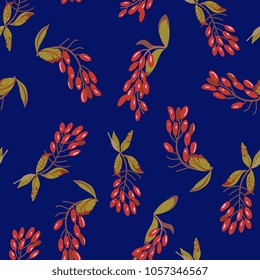 Seamless floral pattern with branches of red berries. Dogwood or barberry plant. (Cornus or Berberis). Flat folk vintage cartoon style.