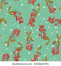 Seamless floral pattern with branches of red berries and snowflakes. Dogwood or barberry plant. (Cornus or Berberis). 