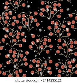 Nahtlose Blumenmuster mit Ästen von roten Beeren und Schneeflocken. Folk-Stil. Auf schwarzem Hintergrund.