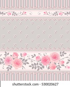Seamless floral pattern with branches of roses and laces. Vintage striped background, border. May be use as digital paper, fills, print onto fabric.