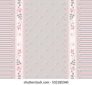Seamless floral pattern with branches of roses and laces. Vintage striped background, border. May be use as digital paper, fills, print onto fabric.