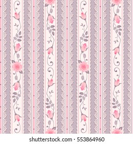 Seamless floral pattern with branches of roses and laces. Vintage striped background.