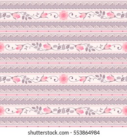 Seamless floral pattern with branches of roses and laces. Vintage striped background.