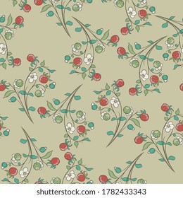 Seamless floral pattern with branches of strawberry plant with flowers and berries. Vintage style.