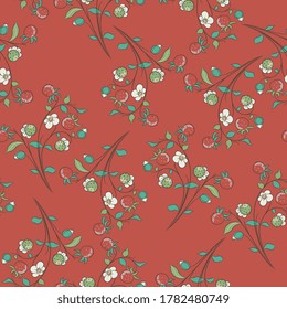 Seamless floral pattern with branches of strawberry plant with flowers and berries. Vintage style.