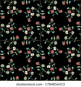 Seamless floral pattern with branches of strawberry plant with flowers and berries.