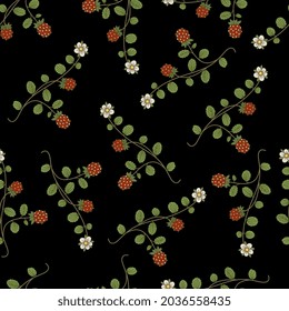 Seamless floral pattern with branches of strawberry plant. Green leaves, ripe red berries and white flowers on black background. Folk style.
