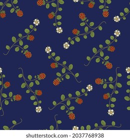 Patrón floral sin foco con ramas de fresa. Hojas verdes, bayas rojas maduras y flores blancas sobre fondo azul. Estilo popular.