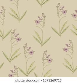 Seamless floral pattern with branches of wild pink flower. Fireweed or Blooming Sally. Ivan Chai. Vintage style.