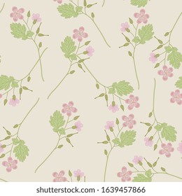 Seamless floral pattern with branches of wild pink flowers. Geranium or Pelargonium blossom. Cranesbill plant. 