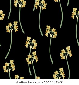 Seamless floral pattern with branches of yellow narcissus or daffodil flower. On black background.