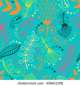 Seamless floral pattern. Bright background with flowers and plants for fashion textile or decoration.