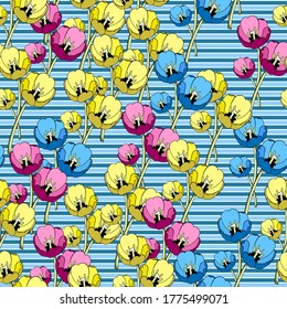 Patrón floral sin foco de azul brillante, amarillo y rosa con tulipanes de berenjenas. Fondo de rayas horizontales. Ideal para decorar tejidos, textiles, envoltura de regalo, materiales impresos, publicidad.