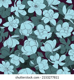 Seamless floral pattern. Bright blue flowers on a dark pink background