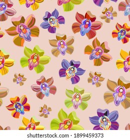 Patrón floral sin brillo con falaenopsis orquídea de color brillante sobre el fondo de la luz. Flores tropicales exóticas. Ilustración de diseño vectorial para moda, tela, textil, decoración.