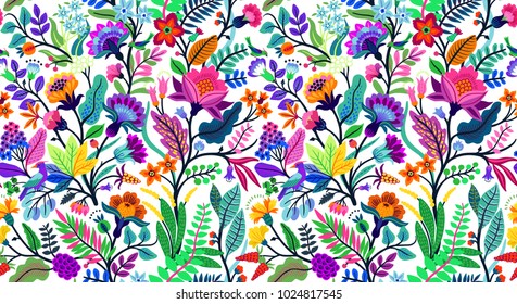 Seamless floral pattern with bright colorful flowers and tropic leaves on a white background. The elegant the template for fashion prints. Modern floral background. Trendy Folk style.