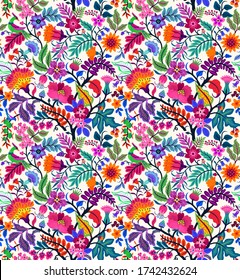 Seamless floral pattern with bright colorful flowers and tropic leaves on a white background. The elegant the template for fashion prints. Modern floral background. Trendy Folk style.