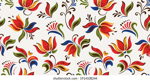Seamless floral pattern with bright colorful flowers and tropic leaves on a white background. The elegant the template for fashion prints. Modern floral background. Trendy Folk style.