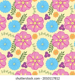 Seamless floral pattern with bright colorful flowers and leaves. The template for fashion prints and wrapping. Modern floral background. Folk style.