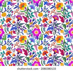 	
Seamless floral pattern with bright colorful flowers and tropic leaves on a white background. The elegant the template for fashion prints. Modern floral background. Trendy Folk style.