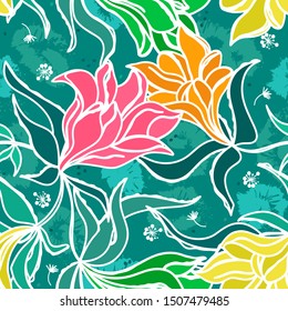 Seamless floral pattern in bright colors. Decorative abstract background with flowers theme
