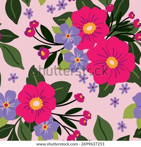 Seamless floral pattern, bright ditsy print of large pink flowers, simple bouquets. Cute botanical design of hand drawn wild plants, daisies, small leaves. Summer wallpaper decor, vector illustration.