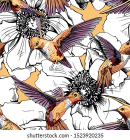 Seamless floral pattern. Bright Exotic Tropical Hummingbirds and a big flowers. Textile composition, hand drawn style print. Vector illustration.