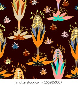 Seamless floral pattern. Bright fantastic plants are located on a dark background. Print for textiles. Vector illustration.