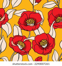 Seamless floral pattern, bright flower print with a retro motif. Beautiful botanical surface design with line art wild flowers: large red poppies, leaves on a yellow background. Vector illustration.