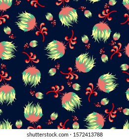 Seamless floral pattern. Bright flowers on a dark background in ethnic style. Print for textiles and paper. Vector illustration.