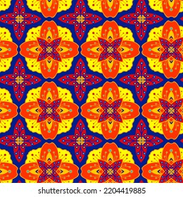 Seamless floral pattern; bright flowers on a dark blue background; richly decorated pattern; for upholstery fabrics, textiles, wraps, wallpapers, umbrellas, bags, napkins, scarves, wrapping paper