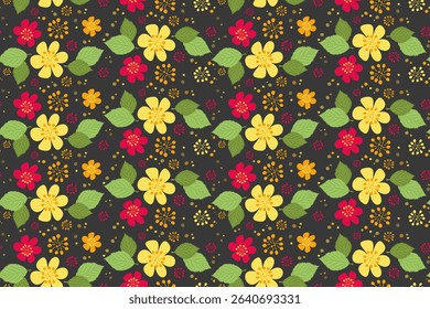 Seamless floral pattern of bright flowers and yellow polka dots. Vector endless repeating pattern. Flat red and yellow floral elements with green leaves. Textile, wrapping paper, fabric design