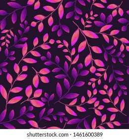 Seamless floral pattern with bright fluorescent tree branches. Purple-pink leaves on a dark background. Magic forest abstract texture, Wallpaper, template for fashion prints, interior design, fabrics.