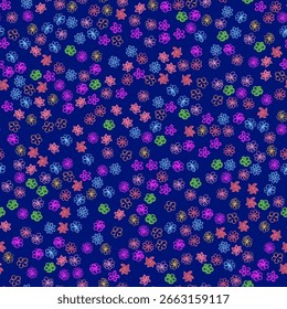 Patrón floral sin fisuras con flores brillantes dibujadas a mano sobre un fondo azul oscuro. El diseño es ideal para la tela, el Fondo de pantalla, el papel de embalaje, y la papelería. Todos los Elementos son de Vector y baldosas