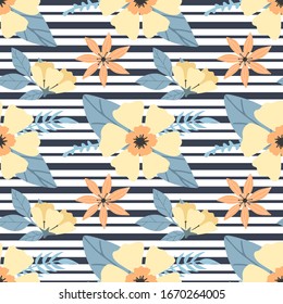 Seamless Floral Pattern With Bright Hawaiian Flowers On Black Stripes. Yellow Flowers Print For Textile, Clothes, Apparel. Vector Illustration EPS 10