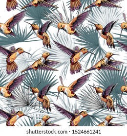 Seamless floral pattern. Bright Hummingbirds and Exotic Tropical palm leaves. Textile composition, hand drawn style print. Vector illustration.