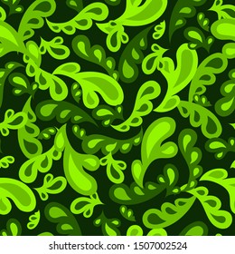 Seamless floral pattern. Bright leaves of different shades of green are painted in paisley style. Vector illustration.