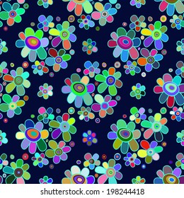 Seamless floral pattern. Bright multicolored bouquets of flowers on a dark blue background. Vector. 