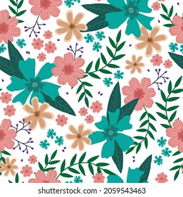 Patrón floral sin foco con flores multicolores brillantes y hojas tropicales sobre un fondo blanco. Una plantilla elegante para impresiones de moda. Fondo floral moderno. Estilo popular de moda.