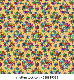 Seamless floral pattern. Bright multicolored bouquets of flowers on a yellow background, painted hands. 